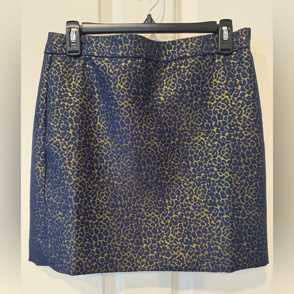 NWT J. Crew Blue and Gold Women's animal print Skirt, size 4.